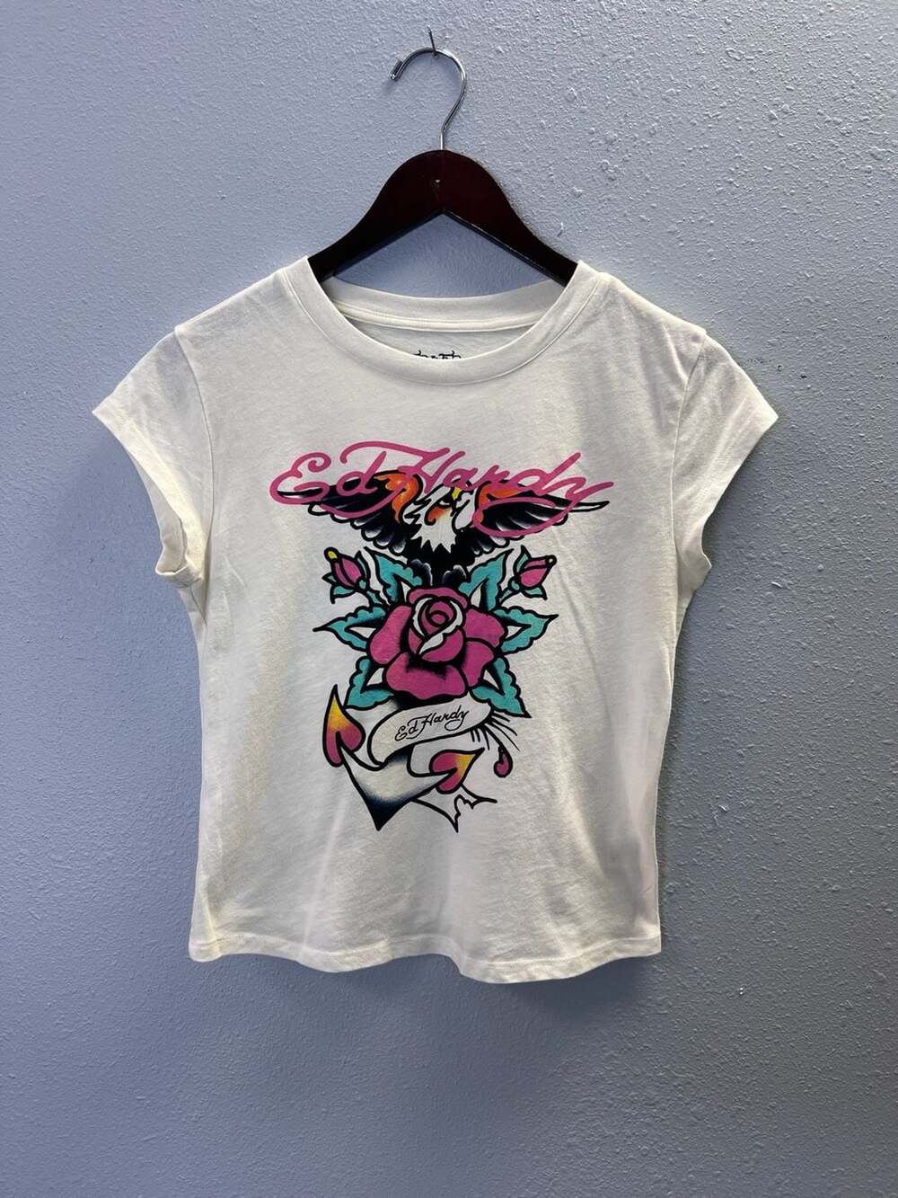 Ed Hardy Tattoo Graphic Cap Sleeve T-Shirt Womens L Eagle Rose Off White 0567